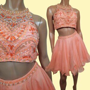 Y2K Prom Party Dress 2 piece Crop Top Mini Skirt US 2 Size XS Coral Pink Beaded